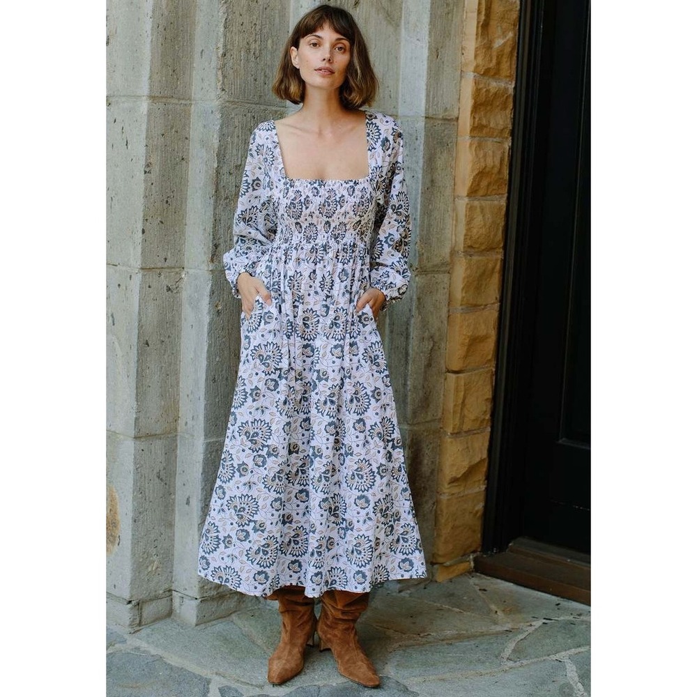 RACHEL PALLY Louise Dress Granite Floral Block Print Smocked Maxi Dress‎ Small